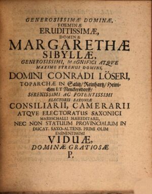 Widmung für Margarethe Sibylle von Löser (1642-1690)