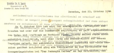 Briefkopf des Berichtes von Professor Dr. Arnold Jacobi vom 25. Oktober 1944. (ISGV, LGA, 095)