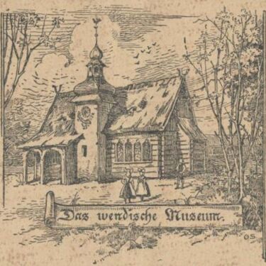 Das „wendische Museum“ in der Dorfanlage (Ausstellung des Sächsischen Handwerkes und Kunstgewerbes. Wegweiser durch die Alte Stadt, Dresden 1896, S. 7)